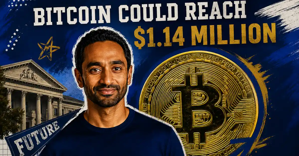 Portrait of Chamath Palihapitiya next to a large gold Bitcoin token.