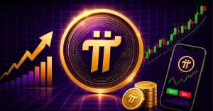 A gold Pi Network token centered on a dark purple geometric background.