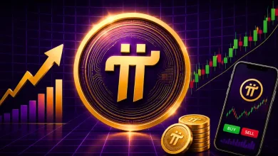 A gold Pi Network token centered on a dark purple geometric background.