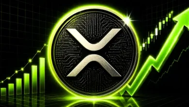 A silver Ripple XRP logo next to a sharp green upward trend chart.