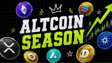 "Altcoin Season" text surrounded by Ethereum, Solana, XRP, and Dogecoin tokens.