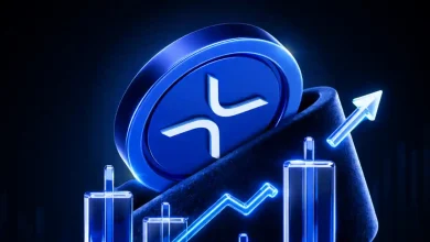 A large silver Ripple XRP coin displayed over a green digital price ticker.