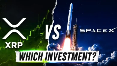 A silver XRP token contrasted against a SpaceX rocket preparing for launch.
