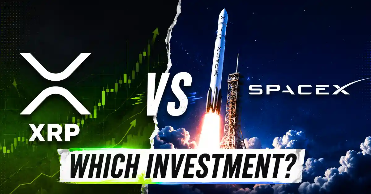 A silver XRP token contrasted against a SpaceX rocket preparing for launch.