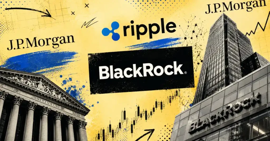 Logos for BlackRock, JPMorgan, and Ripple over banking infrastructure graphics.
