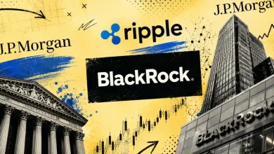 Logos for BlackRock, JPMorgan, and Ripple over banking infrastructure graphics.