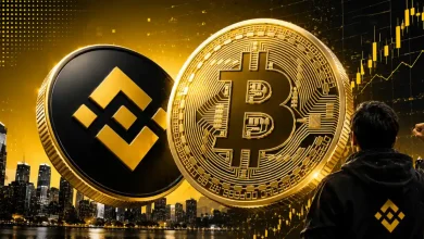 A golden Bitcoin coin next to a black and gold Binance token.
