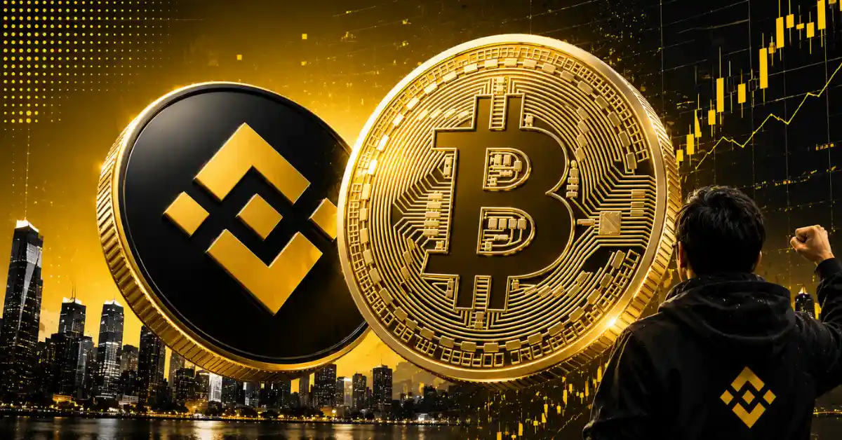 A golden Bitcoin coin next to a black and gold Binance token.