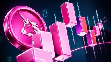 A pink Uniswap token next to rising pink candlestick charts.