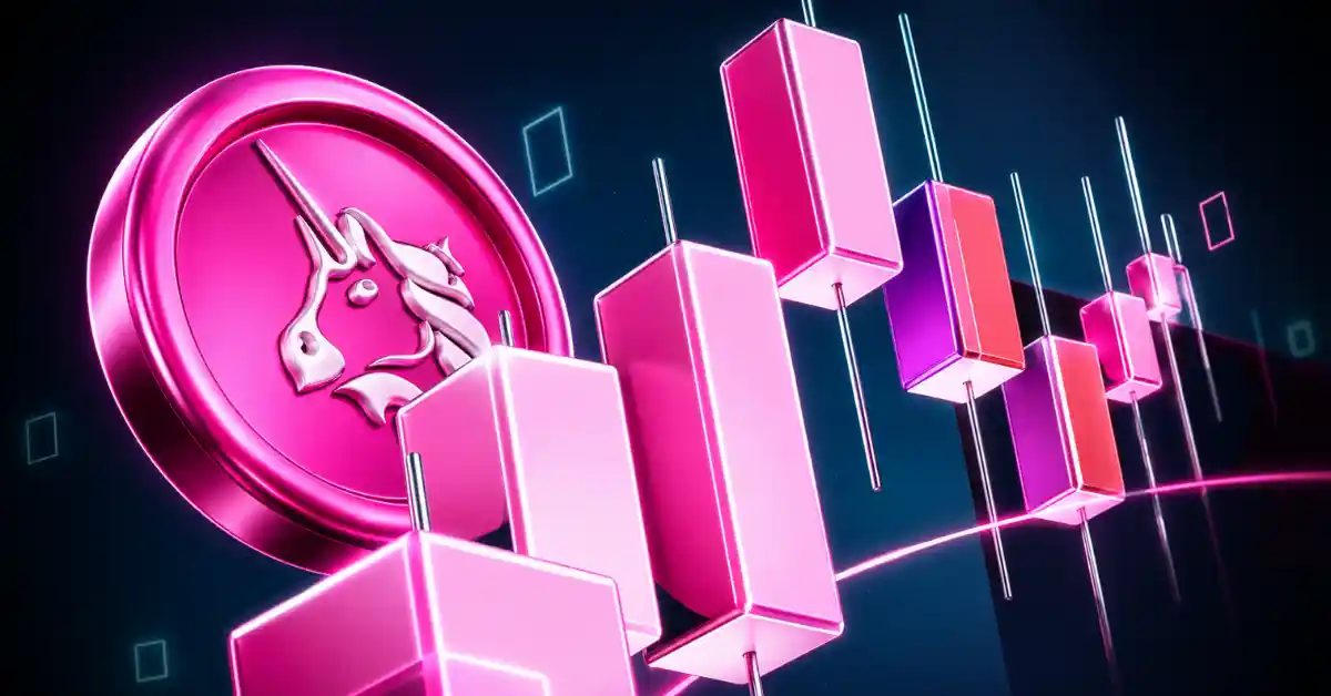 A pink Uniswap token next to rising pink candlestick charts.