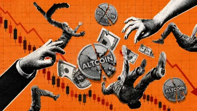 Multiple diverse crypto tokens descending along a red candlestick chart background.