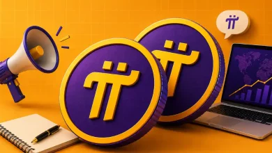 A gold Pi Network token alongside a green shield with a checkmark.