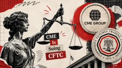 CME and CFTC logos displayed over a gold Bitcoin token.
