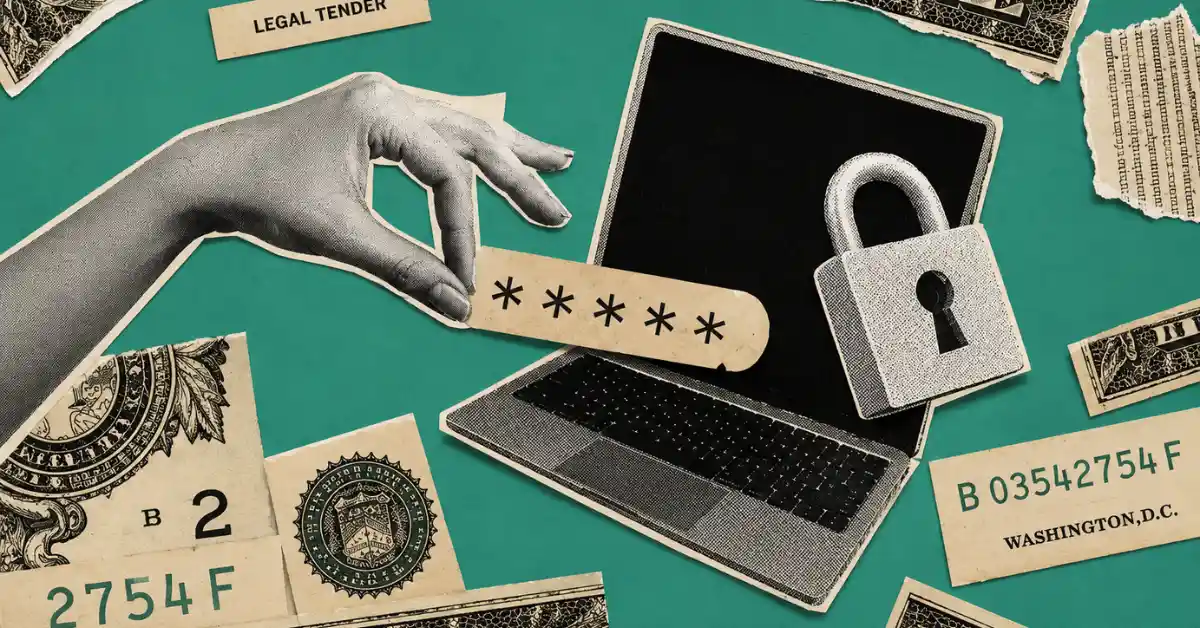 A hand placing a password strip onto an open laptop next to a padlock.