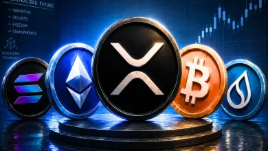 Solana, Ethereum, XRP, Bitcoin, and Sui coins lined up on a stage.