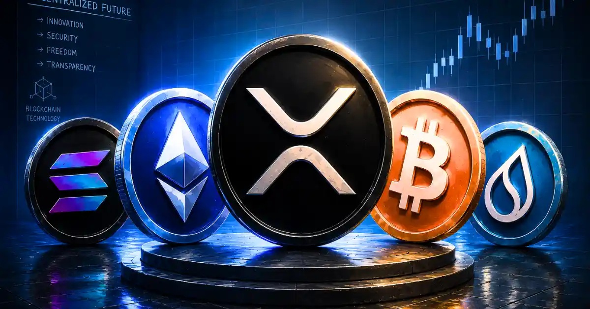Solana, Ethereum, XRP, Bitcoin, and Sui coins lined up on a stage.