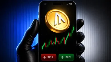 A silver Algorand ALGO token flanked by glowing green candlestick charts.