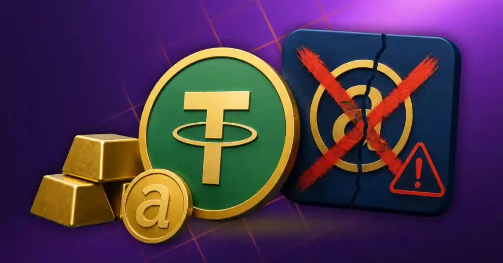 Tether USDT coin and gold bars next to a cracked blue icon crossed out in red.