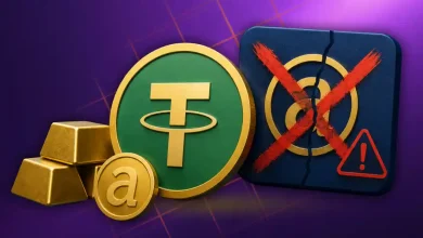 Tether USDT coin and gold bars next to a cracked blue icon crossed out in red.