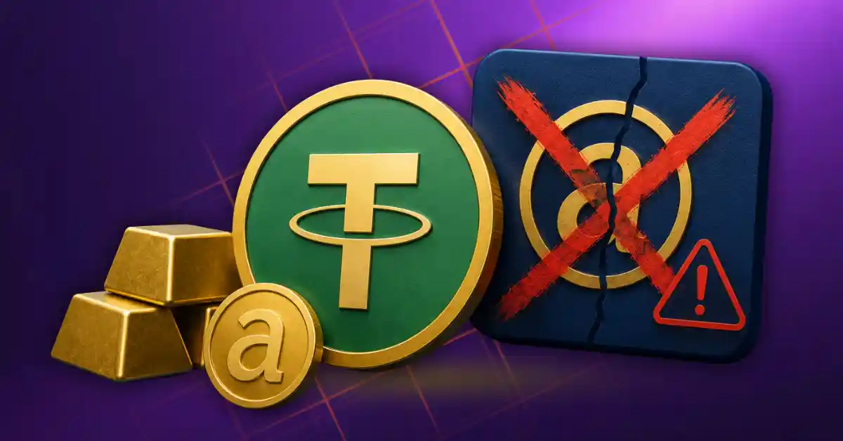 Tether USDT coin and gold bars next to a cracked blue icon crossed out in red.