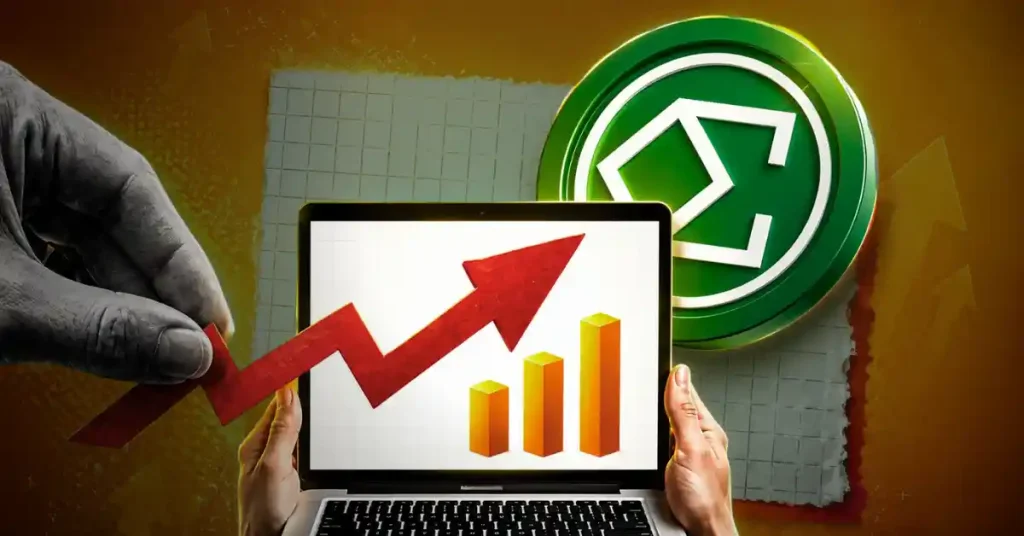 A silver Ethena ENA coin positioned next to a rising green market chart.