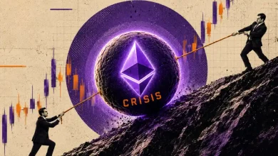 A dark gray Ethereum token surrounded by a red warning box.