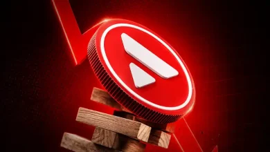 Red Avalanche AVAX token splitting along a downward red chart.