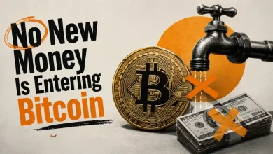 A golden Bitcoin coin next to a flat, stagnating gray price line.