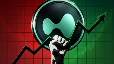 A silver Hyperliquid token positioned near a green breakout chart line.