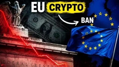 The European Union flag symbol integrated with a locked golden Bitcoin coin.