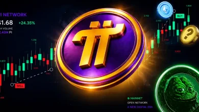 Purple Pi Network logo alongside a glowing digital server connection icon.