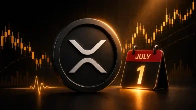 Blue XRP token logo centered against a dark digital background.