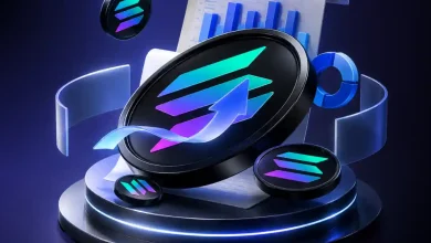 Purple and green Solana tokens on a podium with a rising blue arrow.