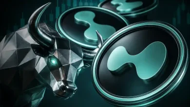 A metallic mechanical bull standing next to floating teal Hyperliquid tokens.