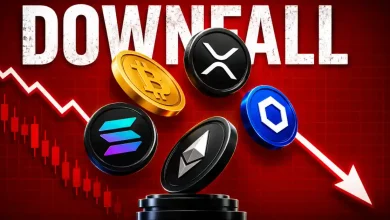 Four dark horsemen silhouettes riding against a burning red crypto market background.