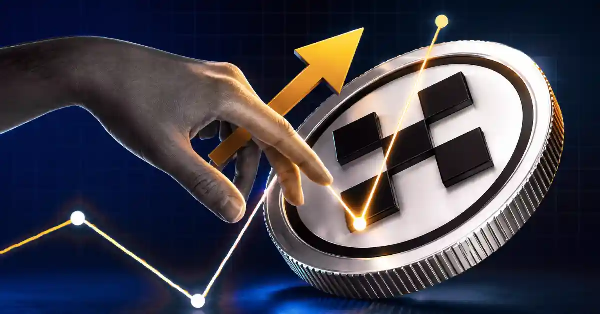 A hand touching a silver OKB token alongside a rising golden trend arrow.