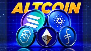 Five blue crypto tokens, including Ethereum and Solana, under the word ALTCOIN.