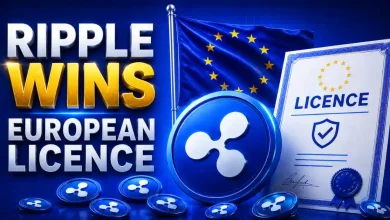 Blue XRP tokens next to an official document and the European Union flag.