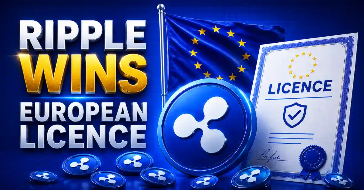 Blue XRP tokens next to an official document and the European Union flag.