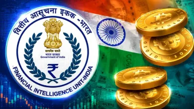 Financial Intelligence Unit India emblem next to gold Bitcoin coins and the national flag.