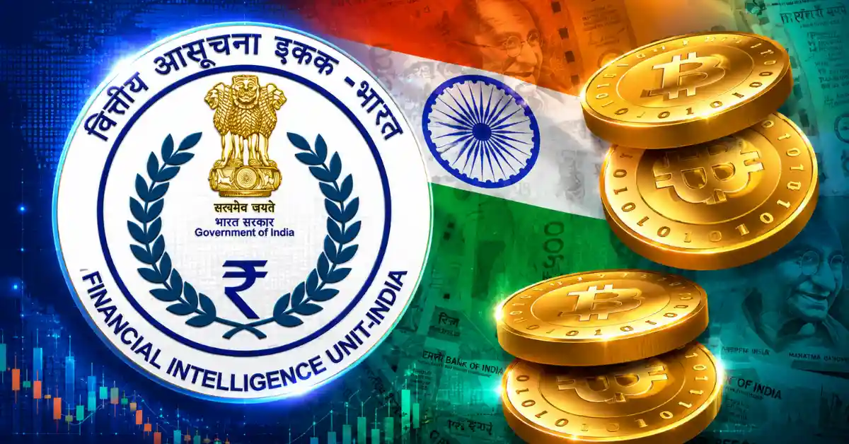 Financial Intelligence Unit India emblem next to gold Bitcoin coins and the national flag.