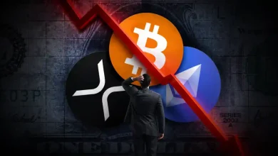 A man looking at a falling red arrow overlaying Bitcoin, Ethereum, and XRP logos.