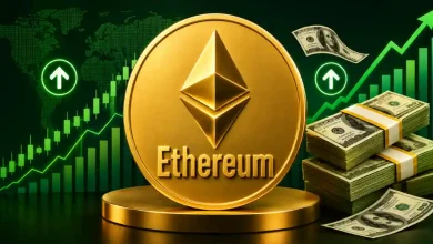 Large gold Ethereum coin on a podium next to stacks of US dollar bills.