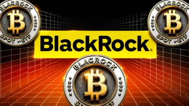 Alt Text: BlackRock logo surrounded by three silver BlackRock Spot Bitcoin ETF coins.