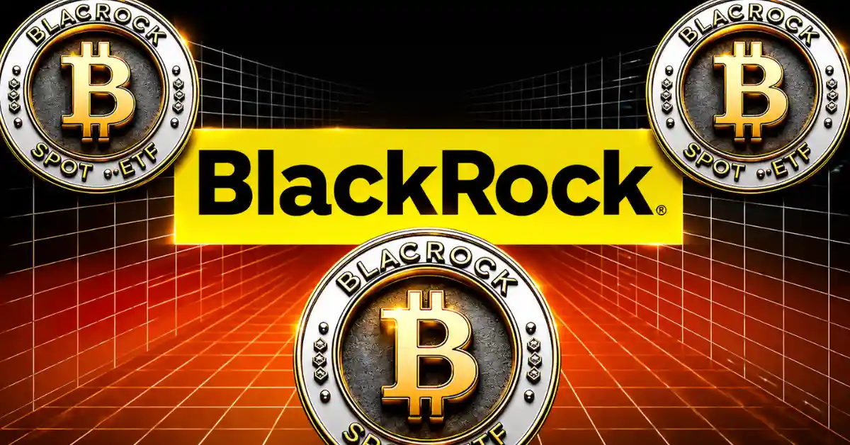 Alt Text: BlackRock logo surrounded by three silver BlackRock Spot Bitcoin ETF coins.