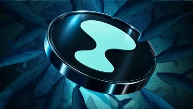 A teal and black Hyperliquid token floating above a school of swimming sharks.