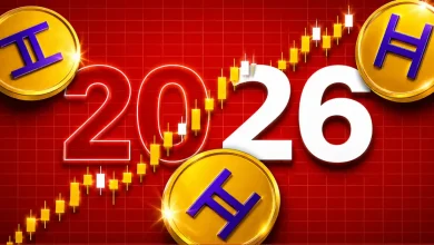 Gold Hedera HBAR coins surrounding the number 2026 over a rising candlestick chart.