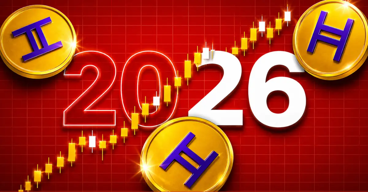 Gold Hedera HBAR coins surrounding the number 2026 over a rising candlestick chart.