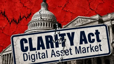 A cracked CLARITY Act street sign in front of a fractured US Capitol building.