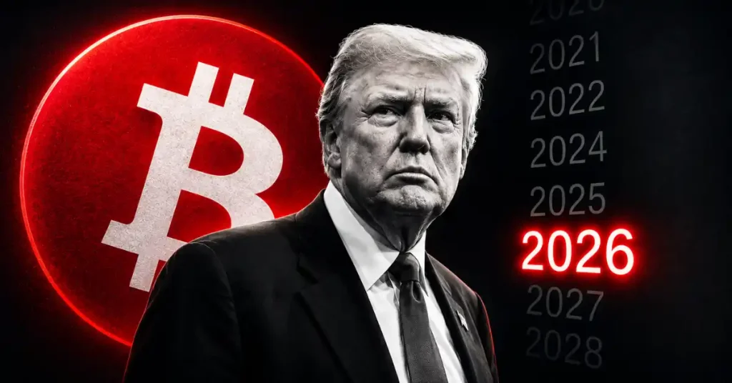 Donald Trump in a suit standing next to a red Bitcoin logo and a glowing 2026 timeline.
